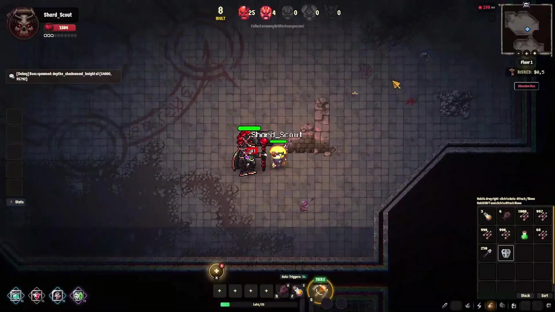 Cambria: Shard_Scout battling depths_shadowoul_knight on Floor 1