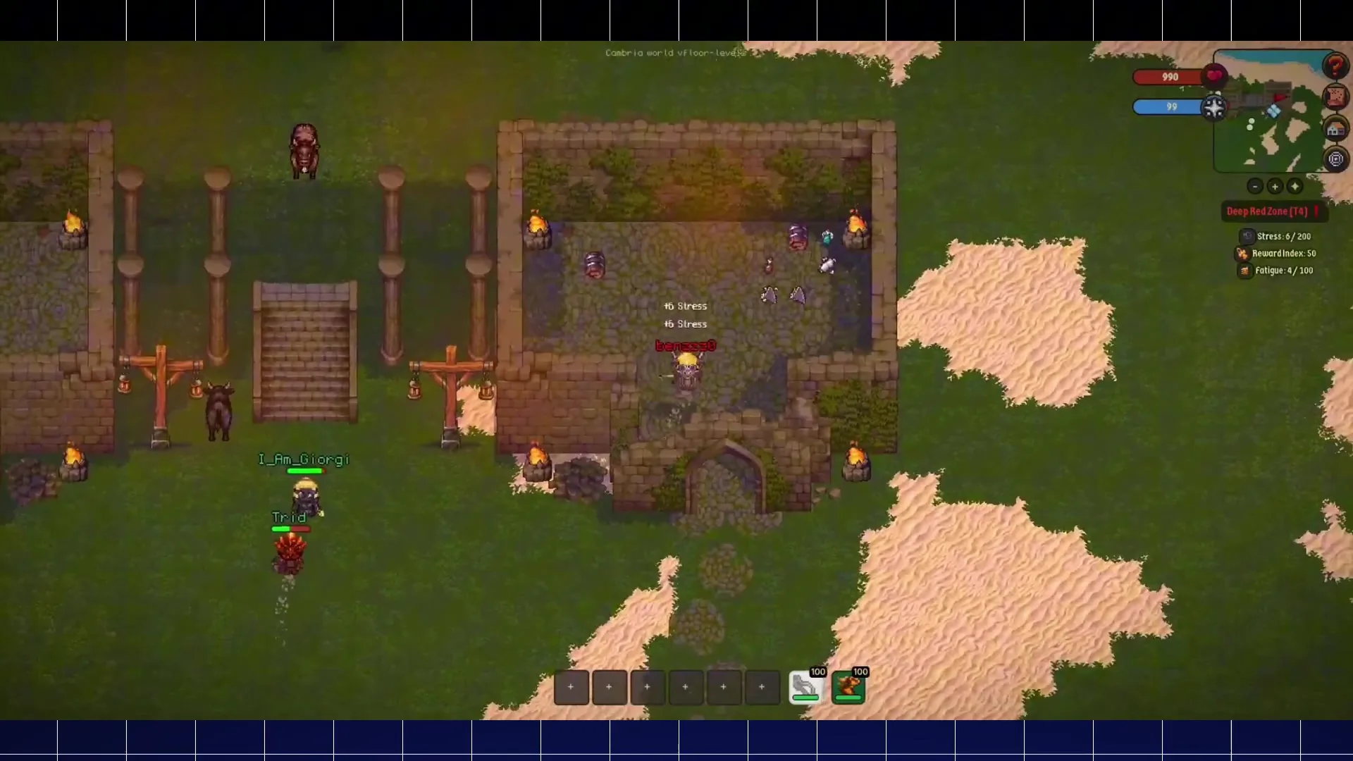 Cambria showing a stone courtyard with players, monsters, stairs, torches, sand patches and UI stats