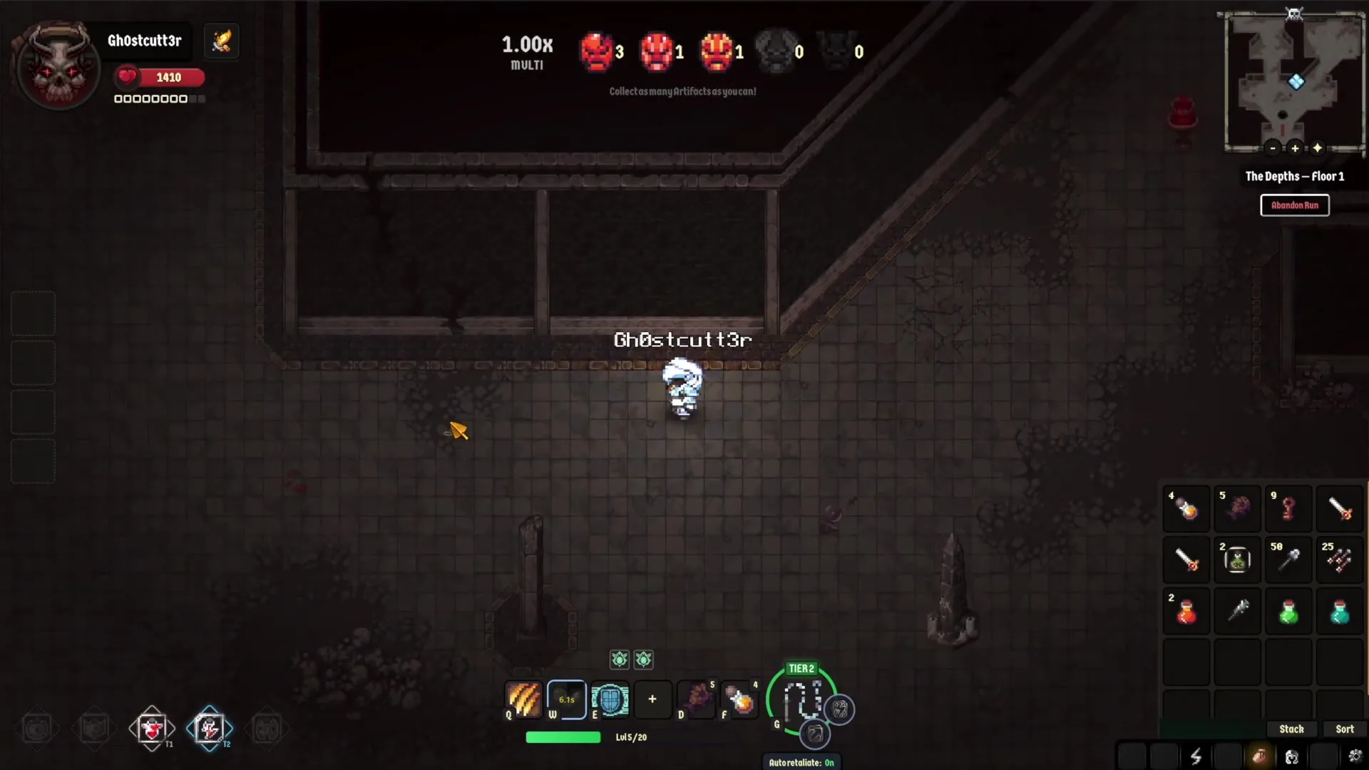 Cambria gameplay showing Gh0stcutt3r on The Depths floor 1, collecting artifacts, inventory visible at bottom right
