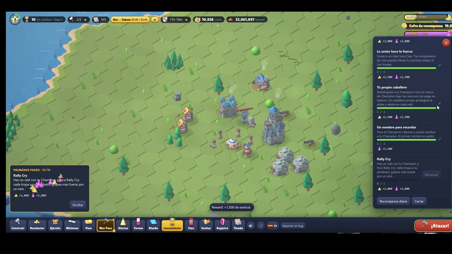 RaidLords muestra una aldea con torres, árboles y un castillo azul en terreno verde con recompensas visible