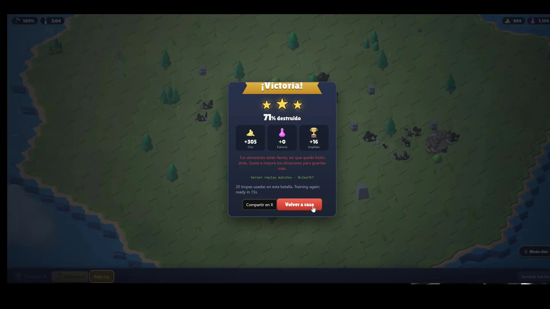 RaidLords: Victory screen shows 71% destroyed, +305 gold, +16 trophies after battle