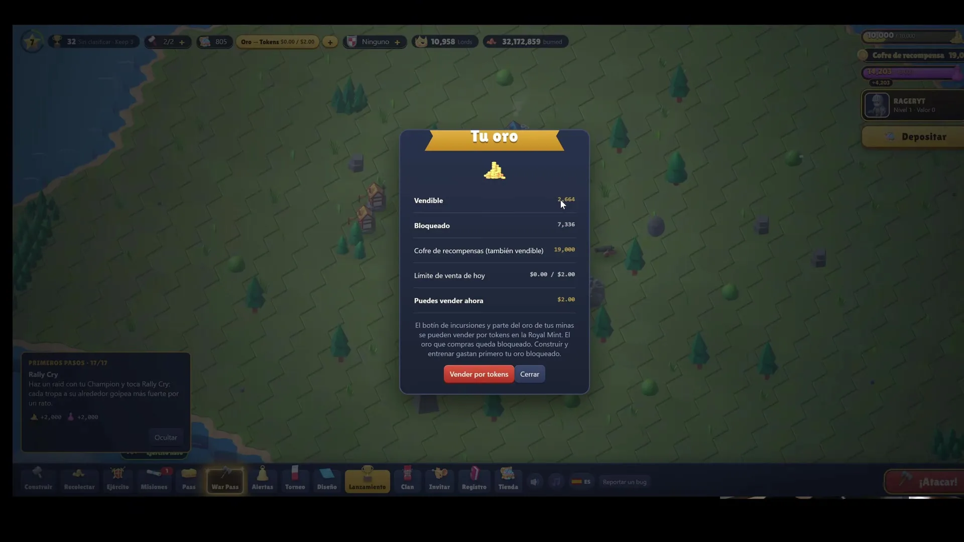 RaidLords UI showing 'Tu oro' modal with amounts in Arabic numerals, map background