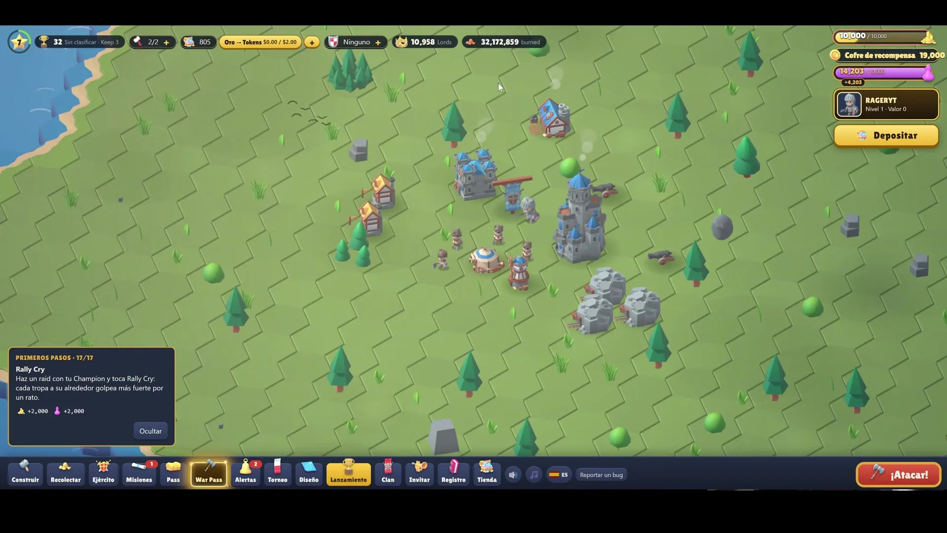 RaidLords gameplay showing a base on a grid map with buildings and rewards