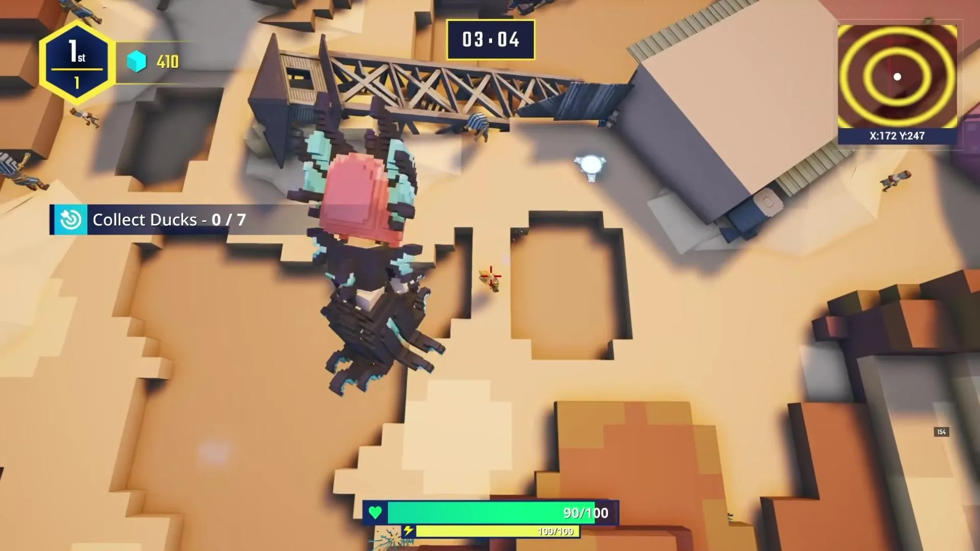 The Sandbox gameplay showing a character riding a dragon-like creature, aiming at enemies below in a blocky desert map. HUD