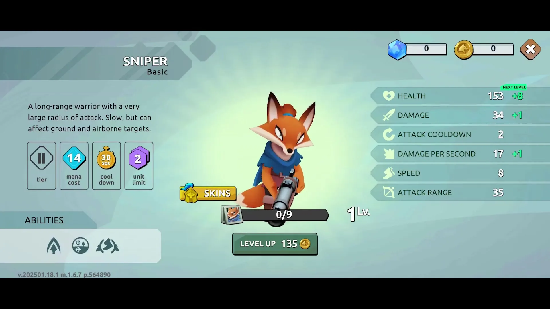 في لعبة Wild Forest، تُظهر واجهة اختيار وحدة «SNIPER» صورة لثعلب يرتدي ملابس زرقاء ويحمل بندقيّة، مع عرض تفاصيل مثل الصحة والقوة والسرعة ومعلومات الترقية.