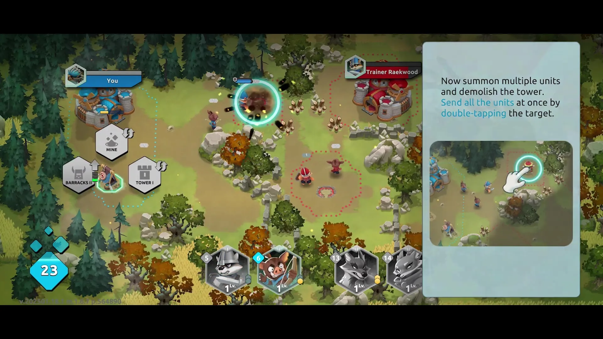 In the game Wild Forest, players control units to summon and demolish towers within a vibrant forest setting filled with trees and terrain obstacles.