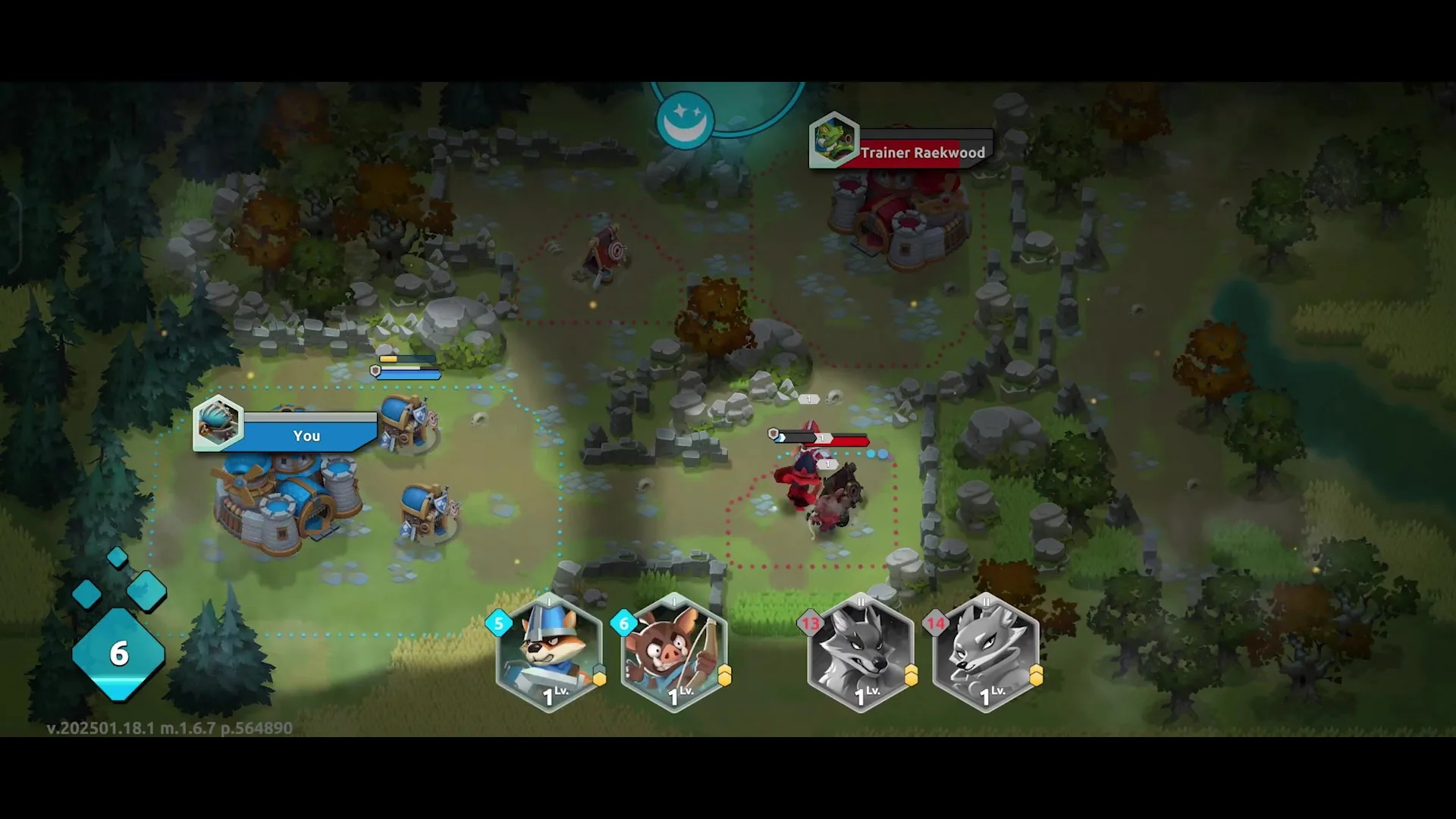In the game "Wild Forest," a tactical battle unfolds on a forest map where player units, including archers and wolf-like creatures, engage with an enemy trainer named Raekwood amidst stone ruins and autumnal trees.