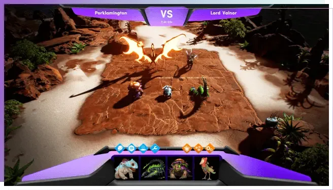 This shows actual gameplay footage with a battle interface, player names, creature cards, and a game arena