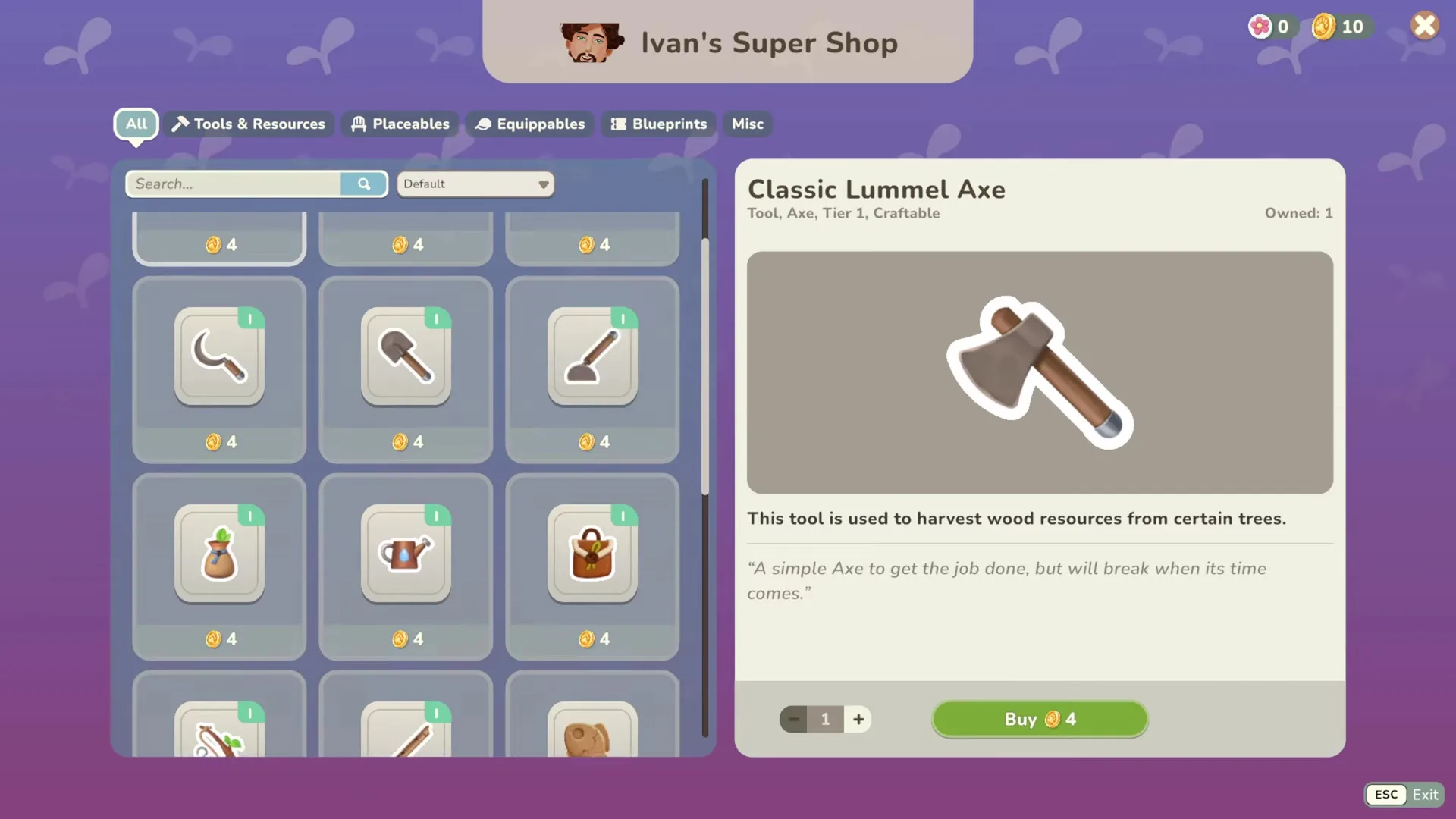 في لعبة My Neighbor Alice، يظهر متجر "Ivan's Super Shop" بواجهة تعرض أدوات مثل الفأس الكلاسيكي في قسم الأدوات والموارد مع خيارات الشراء.