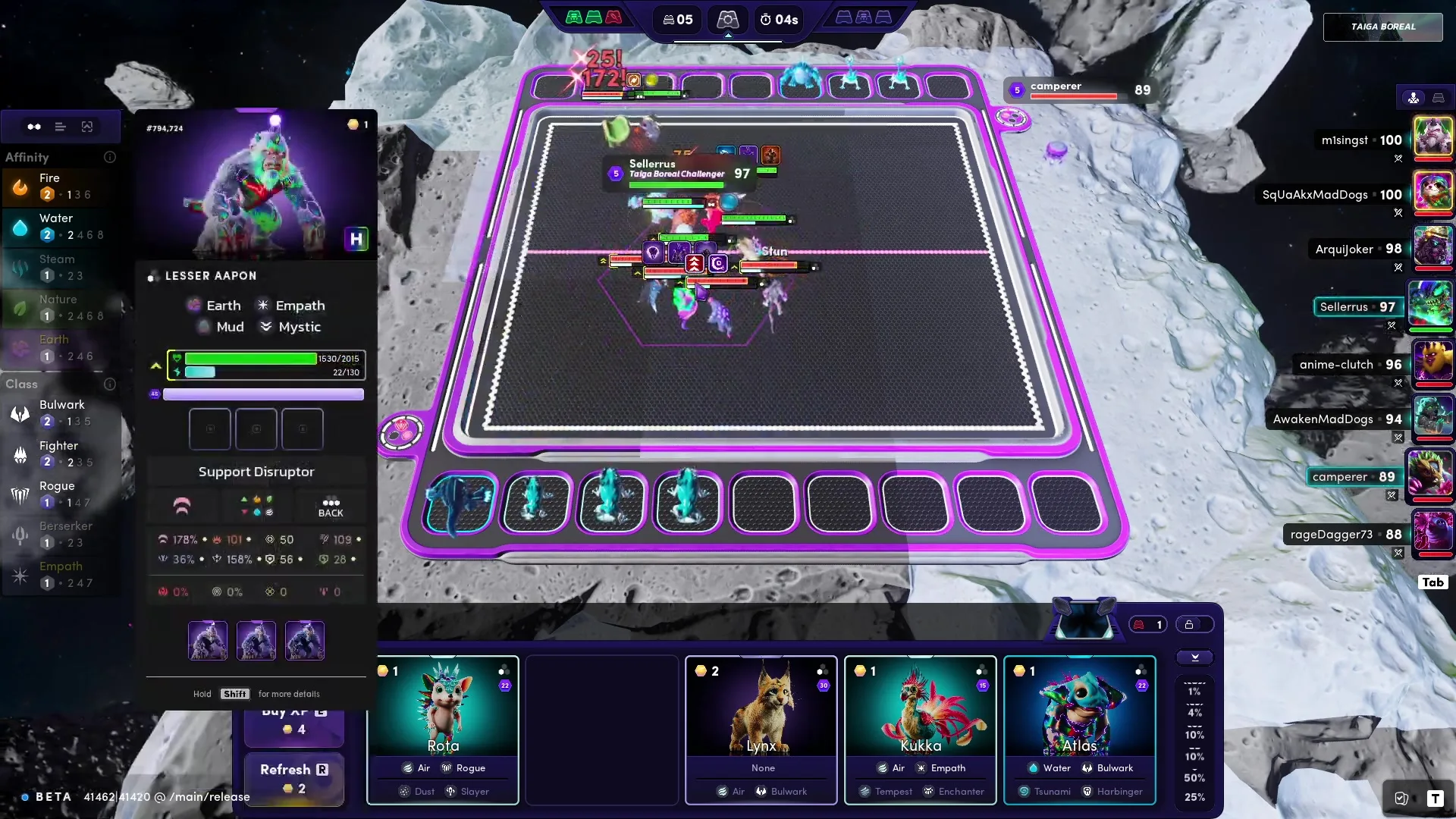 Illuvium: A battle on a lunar board featuring creatures like Lesser Aapon, Rota, Lynx, Kukka, Atlas amidst space rocks and