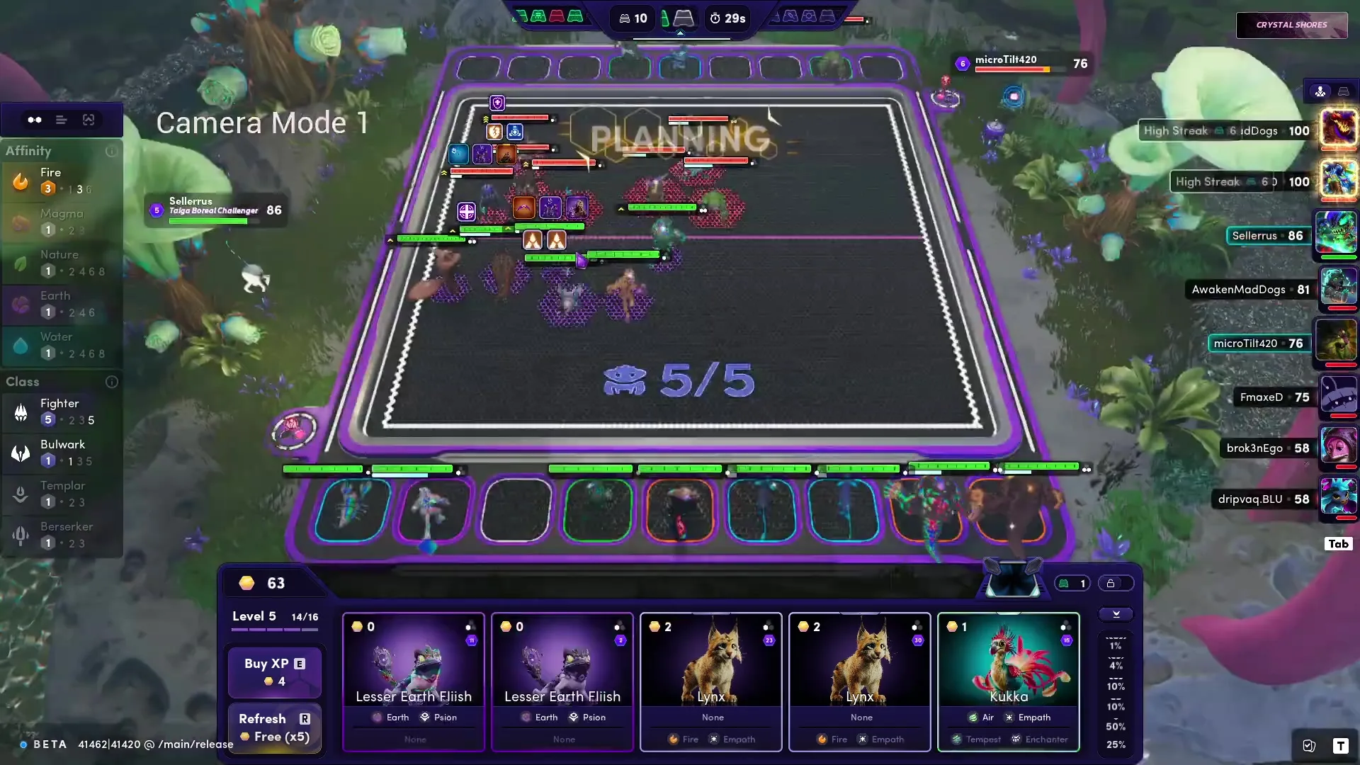 Illuvium screenshot showing Battle Mode interface on Crystal Shores map. Five Illuviums are visible in combat grid, with
