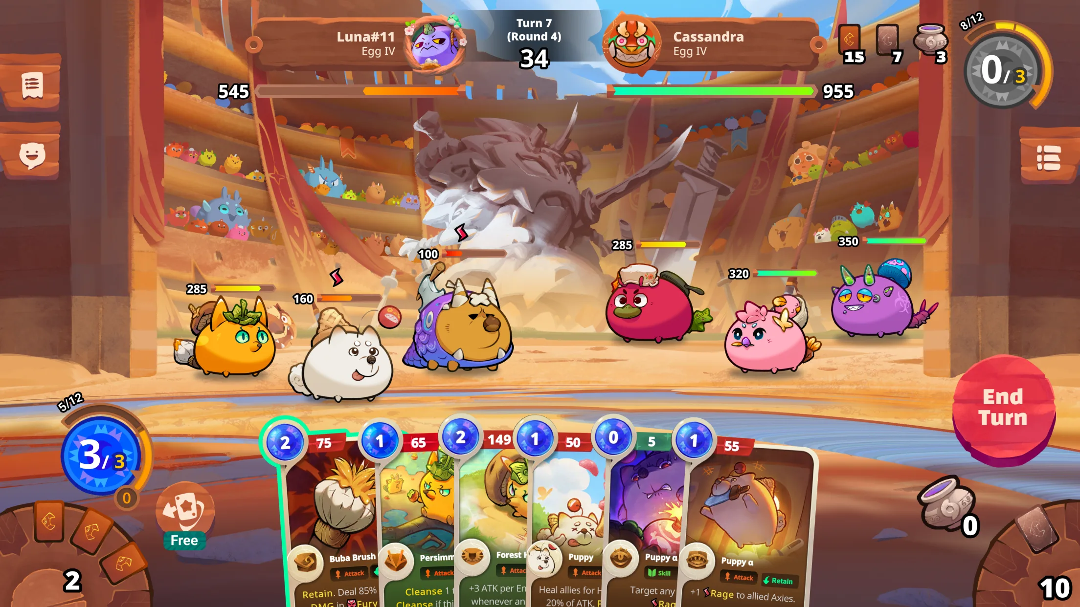 Axie Infinity battle: Luna#11 and Cassandra, both Egg IV, face off in arena with creatures and cards visible. Turn 7 (Round