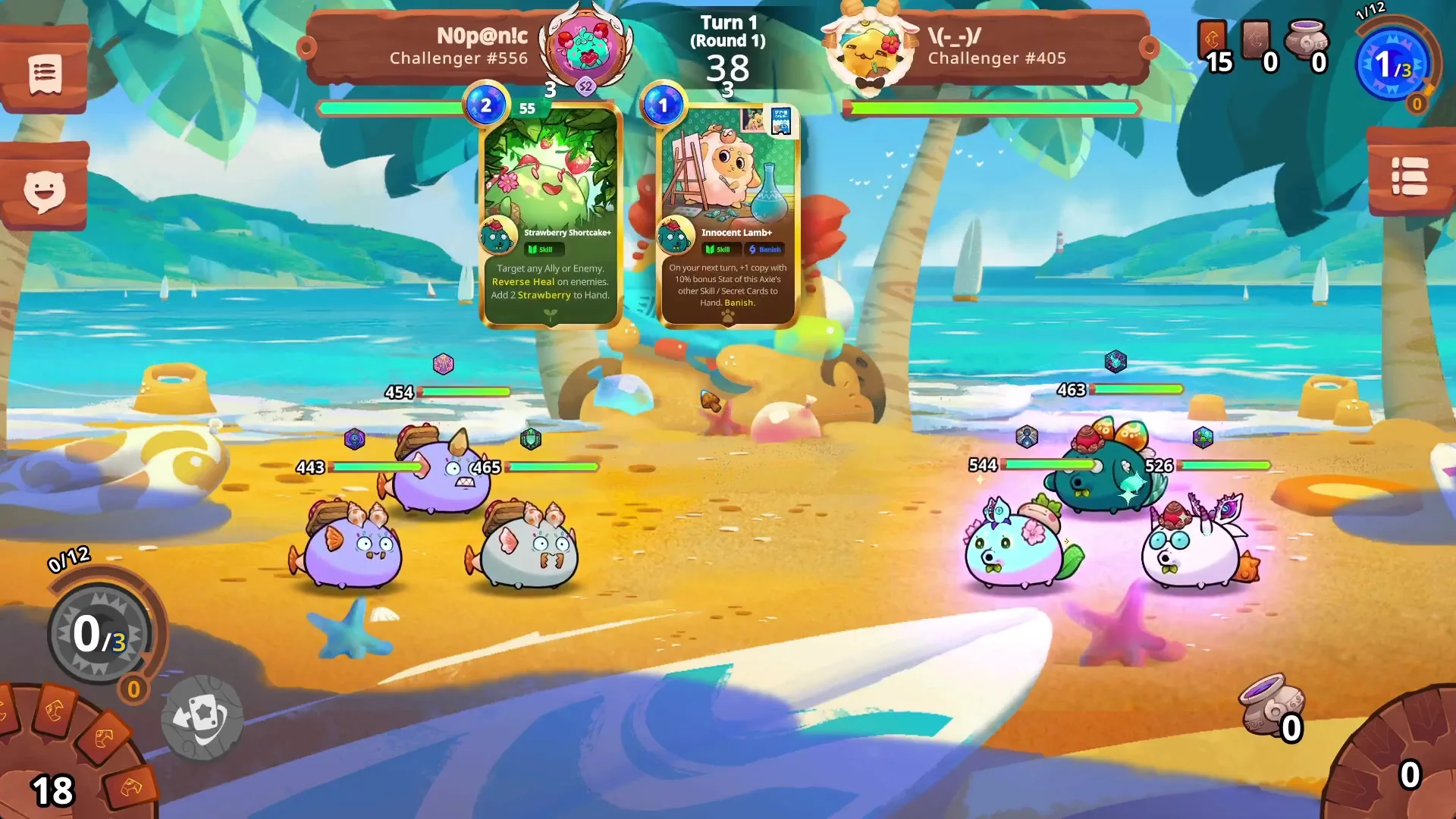 Axie Infinity scene on a beach showing player N0p@nc vs opponent. Health bars and cards like Strawberry Shortcake displayed