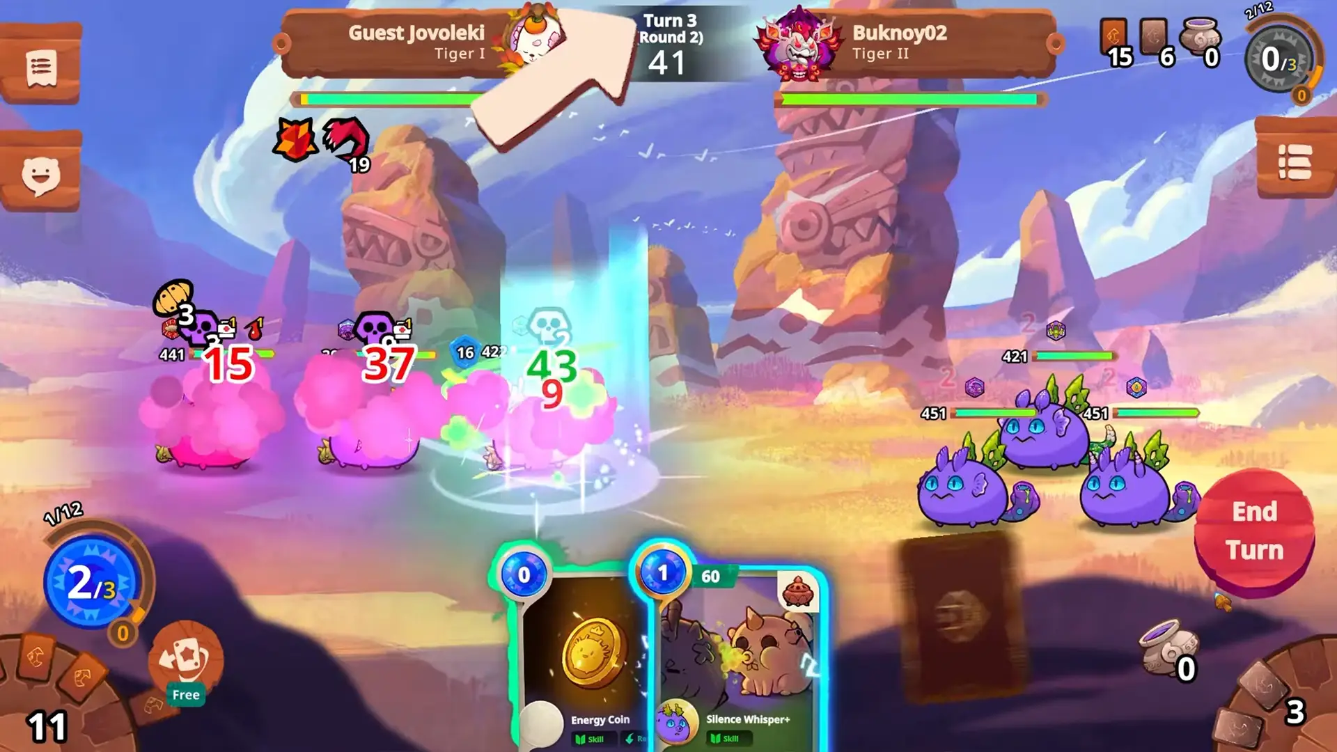 Axie Infinity gameplay showing pink and purple Axies attacking, stats displayed at top, turn counter shows round 2 with 41